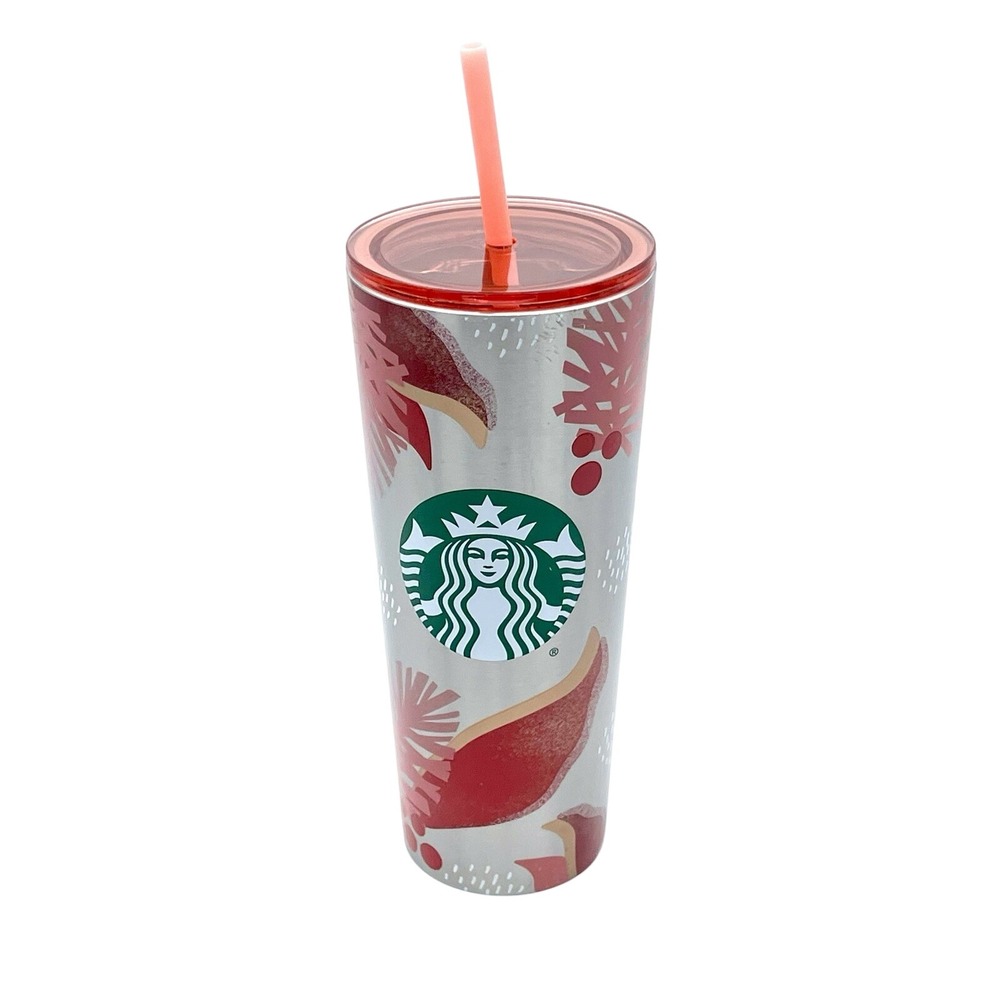 Starbucks Holiday 2021 24oz Stainless Steel Tumbler Red Silver Lid Straw